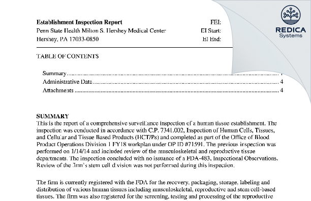 EIR - Penn State Health Milton S. Hershey Medical Center [Hershey / United States of America] - Download PDF - Redica Systems