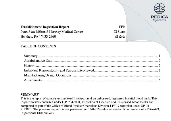 EIR - Penn State Milton S Hershey Medical Center [Hershey / United States of America] - Download PDF - Redica Systems
