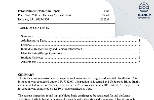 EIR - Penn State Milton S Hershey Medical Center [Hershey / United States of America] - Download PDF - Redica Systems