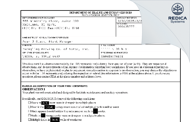 FDA 483 - Yuengling Brewing Company [Tampa / United States of America] - Download PDF - Redica Systems