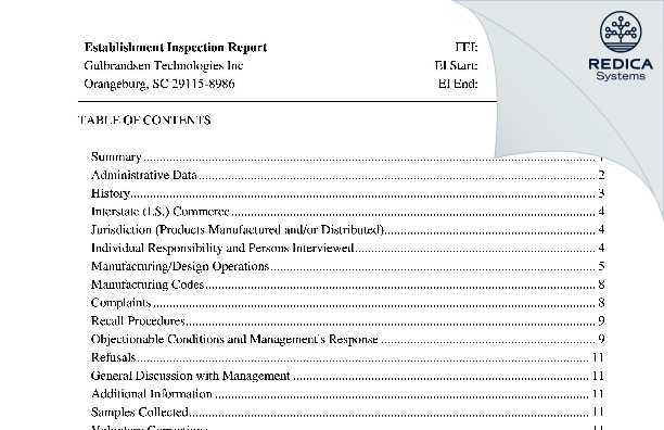 EIR - Gulbrandsen Technologies Inc [Orangeburg / United States of America] - Download PDF - Redica Systems
