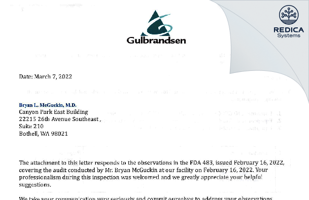 FDA 483 Response - Gulbrandsen Technologies Inc [Orangeburg / United States of America] - Download PDF - Redica Systems