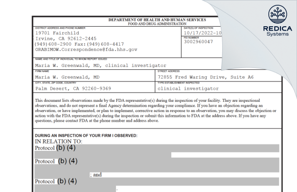 FDA 483 - Maria W. Greenwald, MD [Palm Desert / United States of America] - Download PDF - Redica Systems