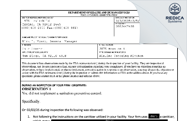 FDA 483 - Gate Gourmet [San Diego / United States of America] - Download PDF - Redica Systems