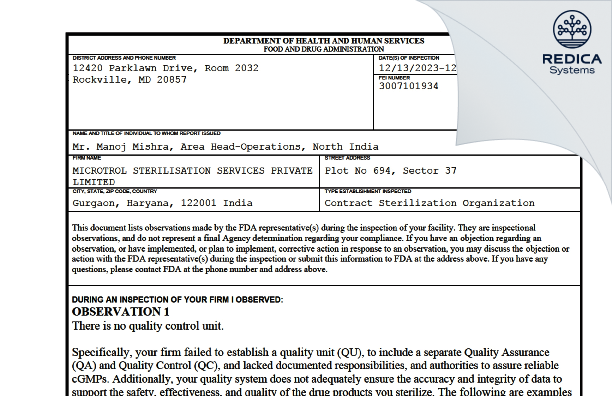 FDA 483 - MICROTROL STERILISATION SERVICES PRIVATE LIMITED [Manesar / India] - Download PDF - Redica Systems