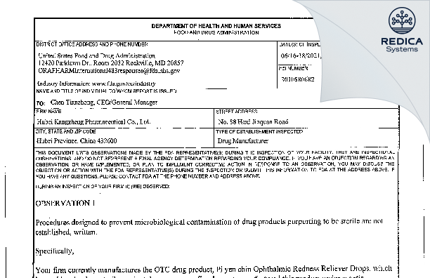 FDA 483 - Hubei Kangzheng Pharmaceutical Co., Ltd. [Jinquan / China] - Download PDF - Redica Systems