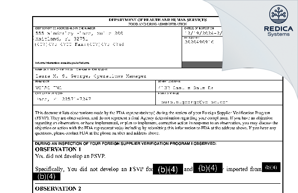 FDA 483 - VOLAC INC [Milton / United States of America] - Download PDF - Redica Systems