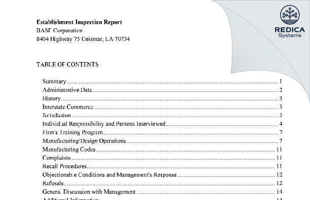 EIR - BASF Corporation [Geismar / United States of America] - Download PDF - Redica Systems