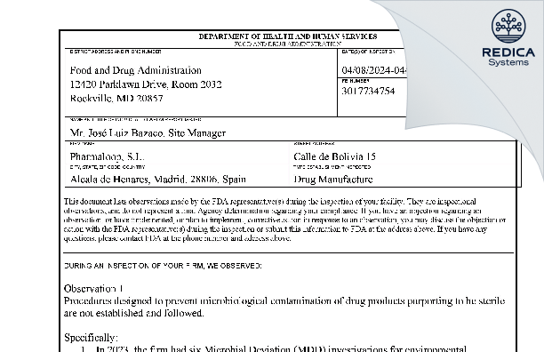 FDA 483 - PHARMALOOP SL. [Alcalá De Henares / Spain] - Download PDF - Redica Systems