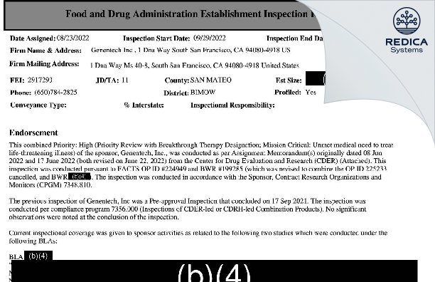 EIR - Genentech, Inc. [South San Francisco / United States of America] - Download PDF - Redica Systems