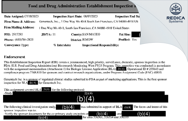 EIR - Genentech, Inc. [South San Francisco / United States of America] - Download PDF - Redica Systems