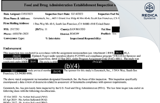 EIR - Genentech, Inc. [South San Francisco / United States of America] - Download PDF - Redica Systems