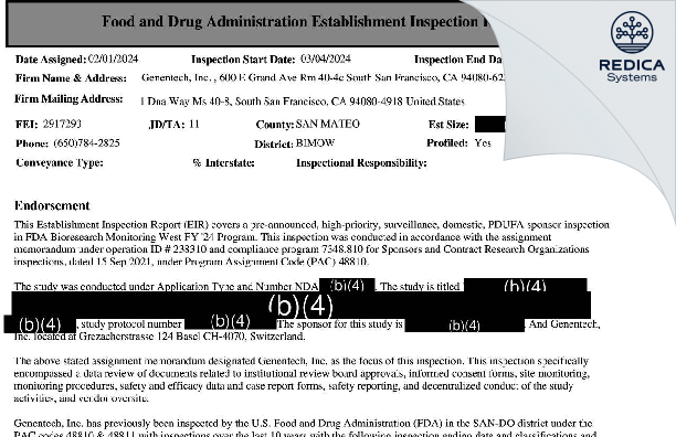 EIR - Genentech, Inc. [South San Francisco / United States of America] - Download PDF - Redica Systems