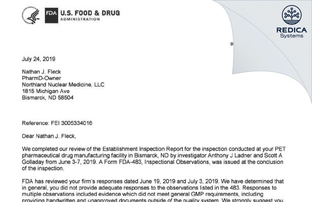 FDA 483 Response - Northland Nuclear Medicine, LLC [Bismarck / United States of America] - Download PDF - Redica Systems