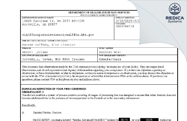 FDA 483 - ABBOTT IRELAND LIMITED [Cootehill / Ireland] - Download PDF - Redica Systems
