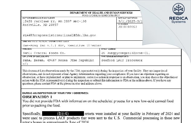 FDA 483 - Namil General Foods Co. [- / Korea (Republic of)] - Download PDF - Redica Systems