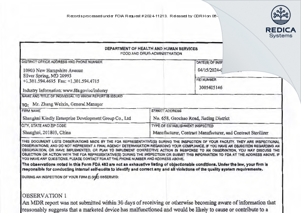 FDA 483 - Shanghai Kindly Enterprise Development Group Co., Ltd [Gaozhao / China] - Download PDF - Redica Systems