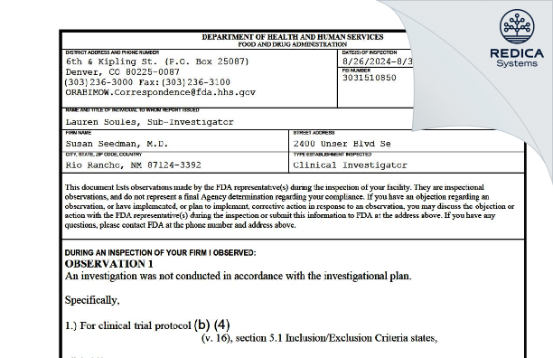 FDA 483 - Susan Seedman, M.D. [Rio Rancho / United States of America] - Download PDF - Redica Systems