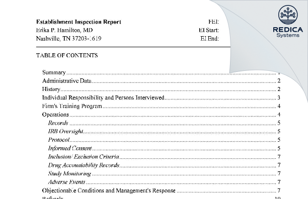 EIR - Erika P. Hamilton, MD [Nashville / United States of America] - Download PDF - Redica Systems