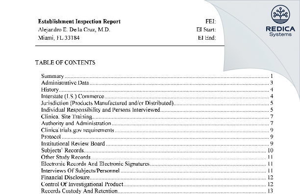 EIR - Alejandro E. De La Cruz, M.D. [Miami / United States of America] - Download PDF - Redica Systems