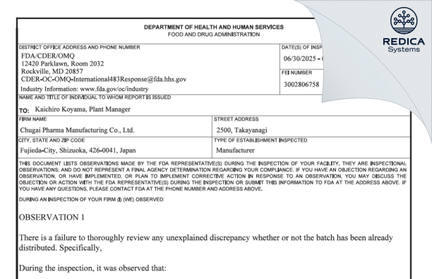 FDA 483 - Chugai Pharma Manufacturing Co., Ltd [Takayanagi / Japan] - Download PDF - Redica Systems