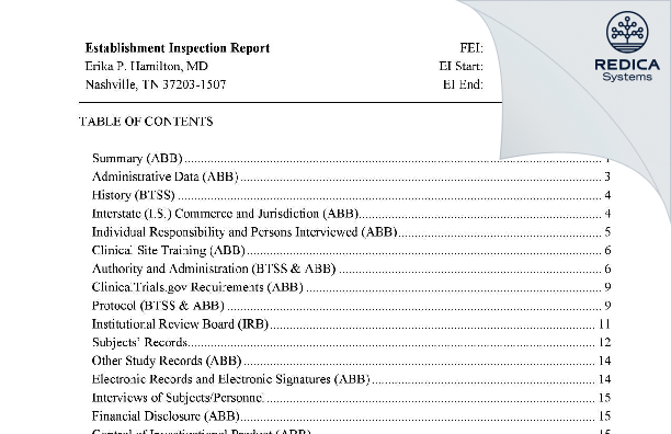 EIR - Erika P. Hamilton, MD [Nashville / United States of America] - Download PDF - Redica Systems
