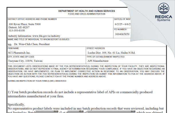FDA 483 - SCI PHARMTECH, INC. [Luzhu District / Taiwan] - Download PDF - Redica Systems