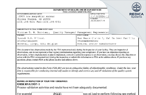 FDA 483 - Nyxoah S.A. Milmort [Herstal / Belgium] - Download PDF - Redica Systems