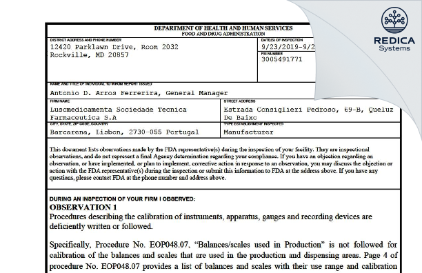 FDA 483 - LUSOMEDICAMENTA - SOCIEDADE TECNICA FARMACEUTICA, S.A. [Oeiras / Portugal] - Download PDF - Redica Systems