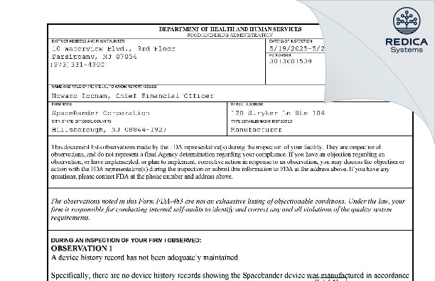 FDA 483 - SpaceBander Corporation [Hillsborough / United States of America] - Download PDF - Redica Systems