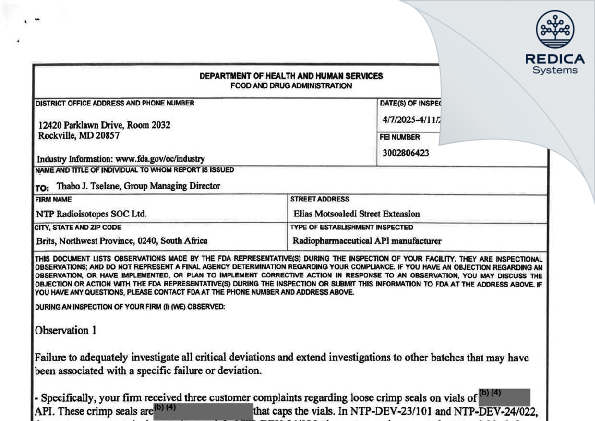 FDA 483 - NTP Radioisotopes Soc Ltd [Madibeng / South Africa] - Download PDF - Redica Systems