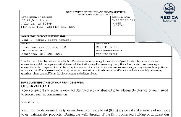 FDA 483 - Post Consumer Brands, LLC [Asheboro / United States of America] - Download PDF - Redica Systems