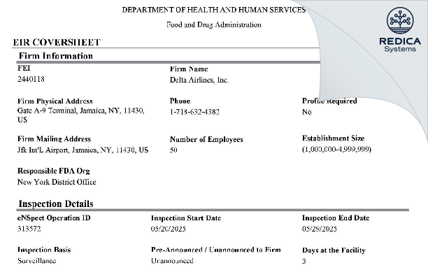 EIR - Delta Air lines, Inc. [Jamaica / United States of America] - Download PDF - Redica Systems