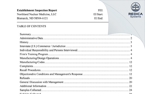 EIR - Northland Nuclear Medicine, LLC [Bismarck / United States of America] - Download PDF - Redica Systems