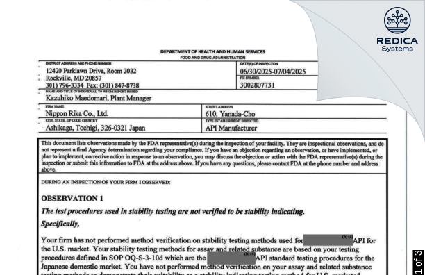 FDA 483 - Nippon Rika Co., Ltd. [Yanadacho / Japan] - Download PDF - Redica Systems