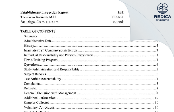 EIR - Theodoros Katsivas, M.D. [San Diego / United States of America] - Download PDF - Redica Systems