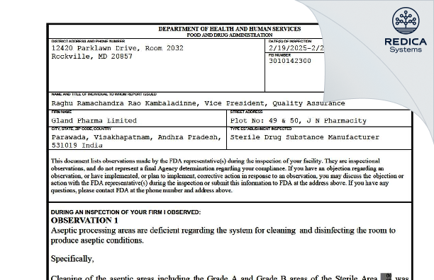 FDA 483 - Gland Pharma Limited [Paravada / India] - Download PDF - Redica Systems