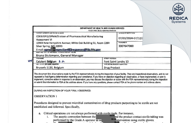 FDA 483 - Catalent Belgium SA [Bruxelles / Belgium] - Download PDF - Redica Systems