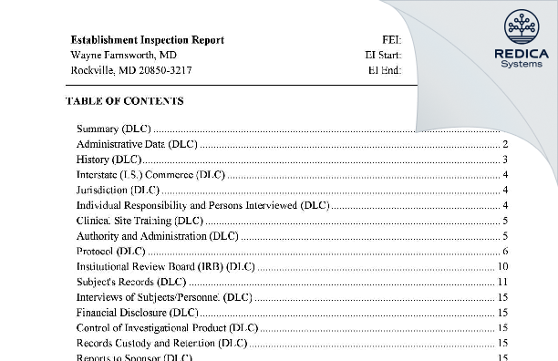 EIR - Wayne Farnsworth, MD [Rockville / United States of America] - Download PDF - Redica Systems