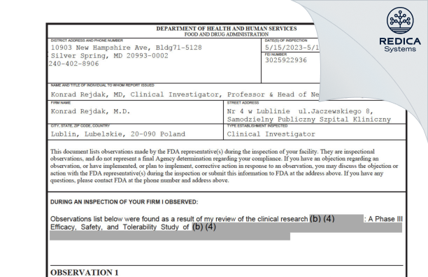 FDA 483 - Konrad Rejdak, M.D. [Lublin / Poland] - Download PDF - Redica Systems