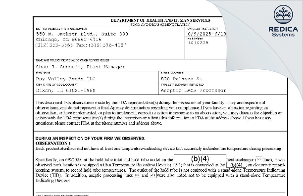 FDA 483 - BAY VALLEY FOODS LLC [Dixon / United States of America] - Download PDF - Redica Systems