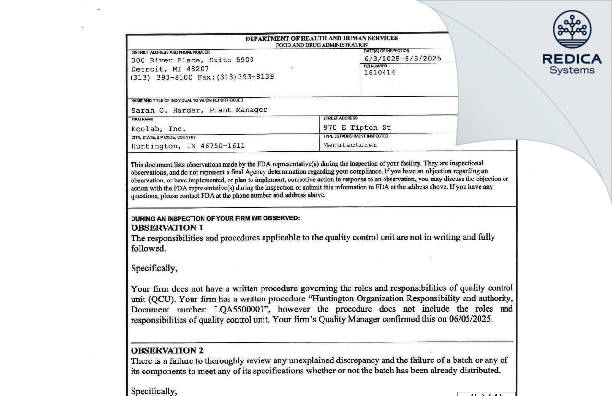 FDA 483 - Ecolab Inc. [Huntington / United States of America] - Download PDF - Redica Systems
