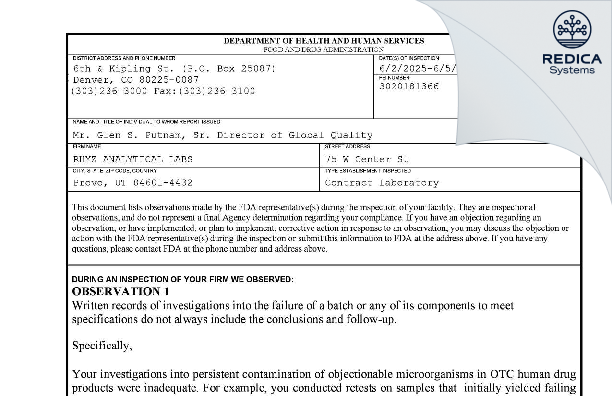 FDA 483 - RHYZ ANALYTICAL LABS [Provo / United States of America] - Download PDF - Redica Systems