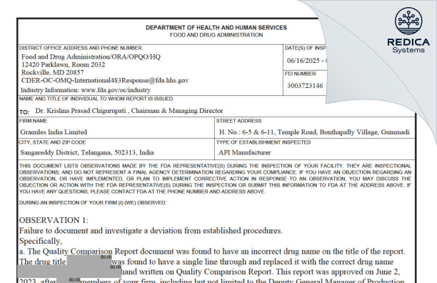 FDA 483 - Granules India Limited [Hathnoora / India] - Download PDF - Redica Systems