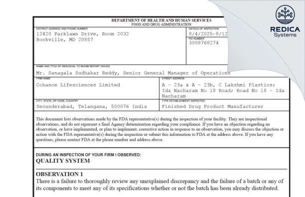 FDA 483 - COHANCE LIFESCIENCES LIMITED [Medipally / India] - Download PDF - Redica Systems