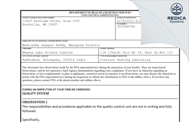 FDA 483 - TENTAMUS INDIA PRIVATE LIMITED [Hyderabad / India] - Download PDF - Redica Systems