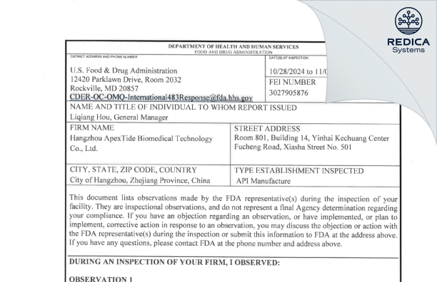FDA 483 - Hangzhou ApexTide Biomedical Technology Co., Ltd. [Hangzhou / China] - Download PDF - Redica Systems