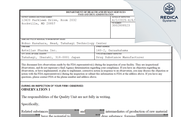 FDA 483 - Astellas Pharma Inc. [Akahama / Japan] - Download PDF - Redica Systems