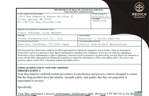 FDA 483 - Otsuka Pharmaceutical Co Ltd [Koniu / Japan] - Download PDF - Redica Systems