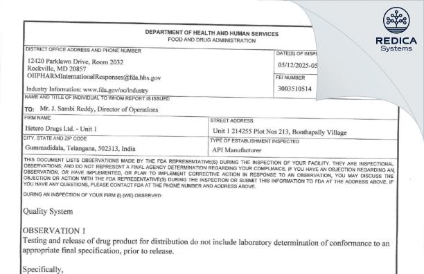 FDA 483 - Hetero Drugs Limited [Hathnoora / India] - Download PDF - Redica Systems
